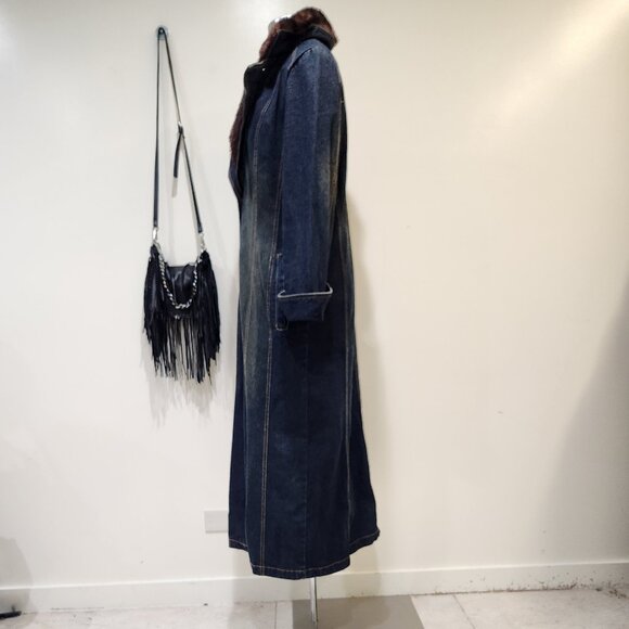 💋🦋UBER GORGE🦋 💋Maxi Sanded Dark Wash DenimTrench with Vegan Mink Fur Collar - Picture 5 of 10